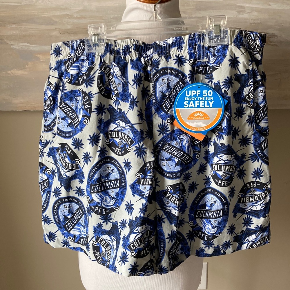 NWT Columbia PFG gray/blue tropical logo print swim trunks